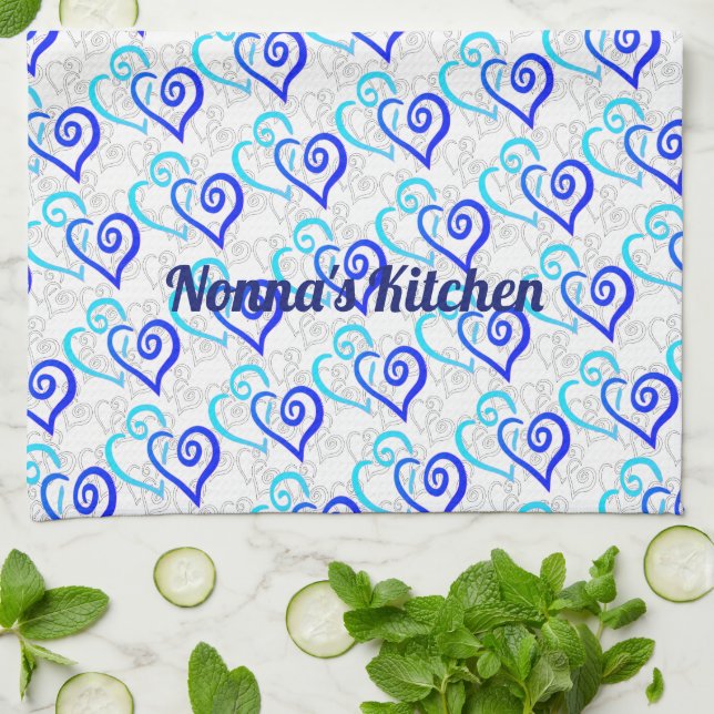 Blue Turquoise Linked Heart Art Pattern Custom  Tea Towel (Folded)