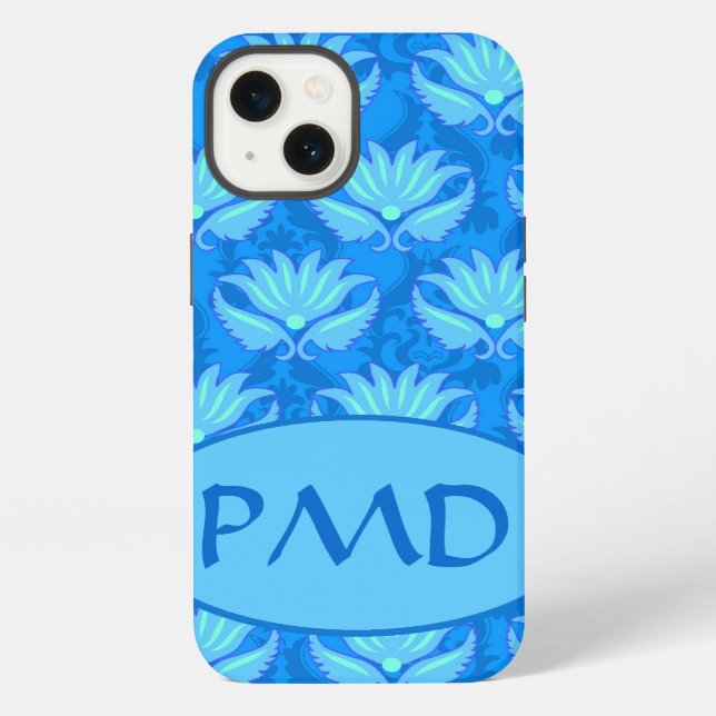 Blue Turquoise Modern Damask Monogram Custom iPhone Case (Back)