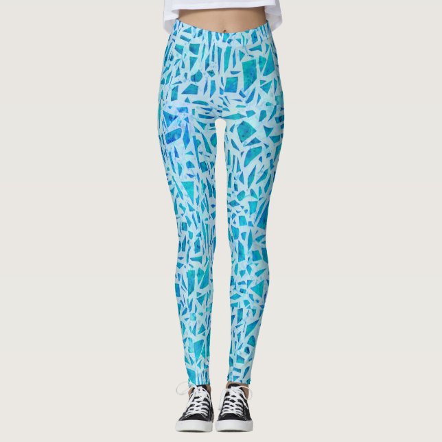 Blue Turquoise Mosaic Glass Tile Modern Chic Leggings (Front)