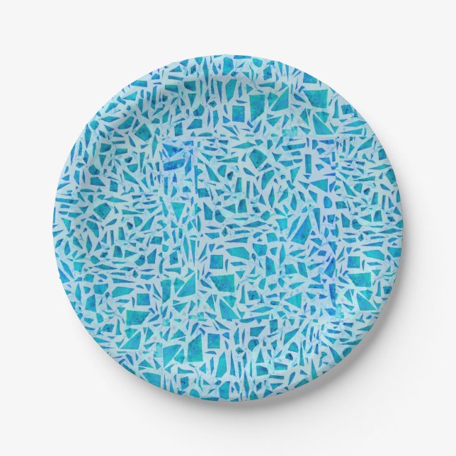 Blue Turquoise Mosaic Glass Tile Modern Chic Paper Plate (Front)