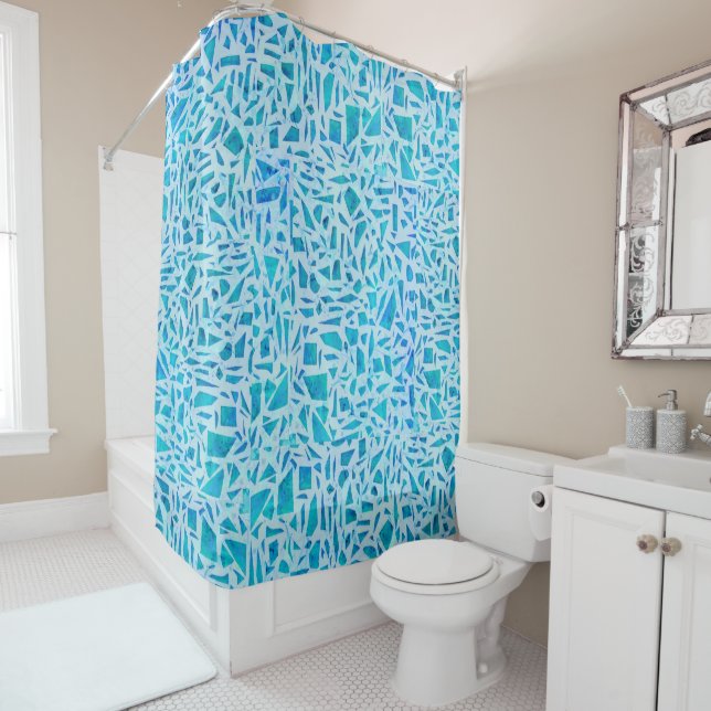 Blue Turquoise Mosaic Glass Tile Modern Chic Shower Curtain (In Situ)
