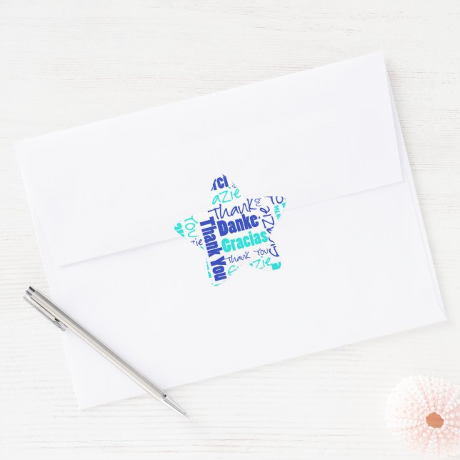 Blue / Turquoise Multilingual Thank You Word Cloud Star Sticker (Envelope)