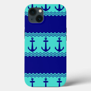 Blue Turquoise Nautical Anchor Coastal Stripes iPhone 13 Case