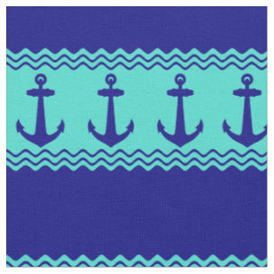 Blue Turquoise Nautical Anchor Coastal Stripes Fabric
