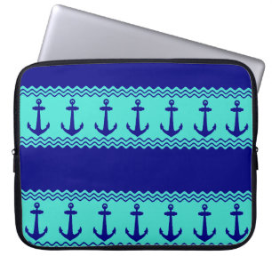 Blue Turquoise Nautical Anchor Coastal Stripes Laptop Sleeve