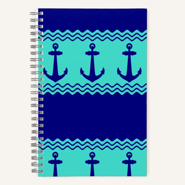 Blue Turquoise Nautical Anchor Coastal Stripes Notebook (Front)