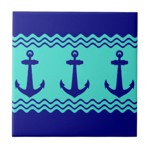 Blue Turquoise Nautical Anchor Coastal Stripes Tile