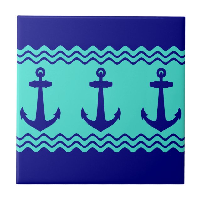 Blue Turquoise Nautical Anchor Coastal Stripes Tile (Front)
