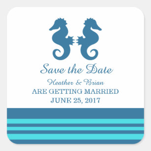 Blue Turquoise Nautical Seahorse Save the Date Square Sticker