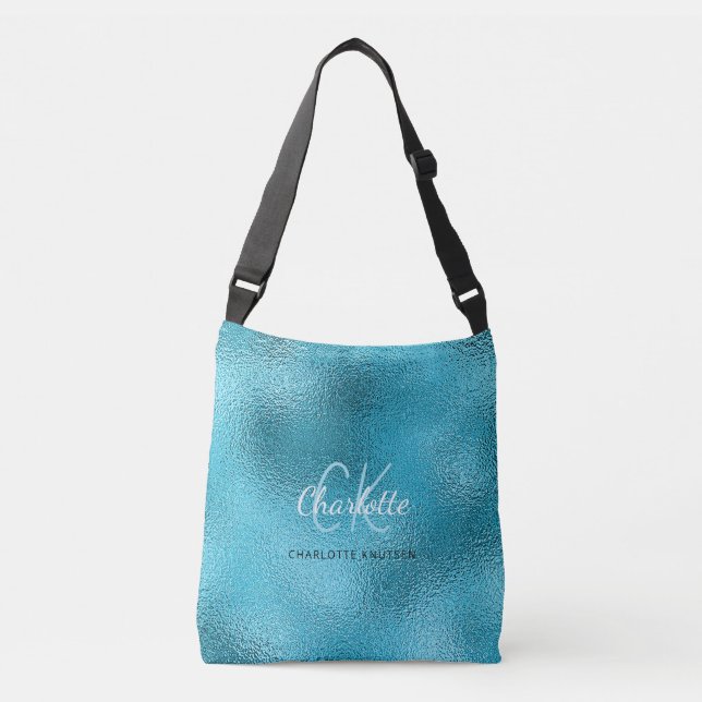 Blue turquoise ocean sea metallic name crossbody bag (Front)