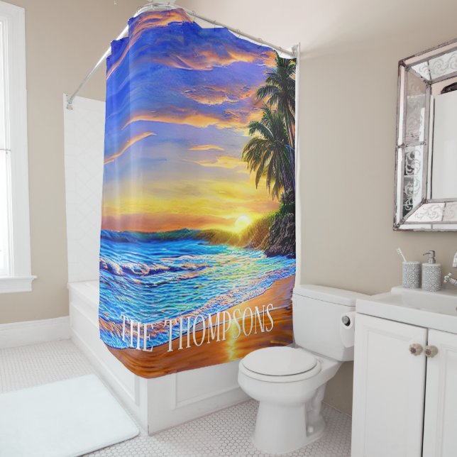 Blue Turquoise Ocean Sunset Shower Curtain (In Situ)
