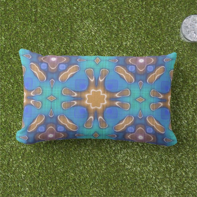 Blue Turquoise Ochre Brown Hip Ornate Art Motif Lumbar Cushion (Grass)