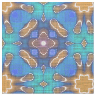 Blue Turquoise Ochre Retro Nouveau Mosaic Pattern Fabric