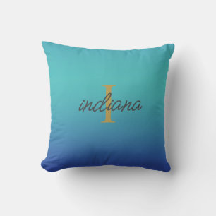 Blue Turquoise Ombre Modern Script Monogram Name Cushion