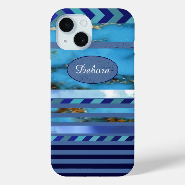 blue turquoise pattern of Stripes & Name Case-Mate iPhone Case (Back)
