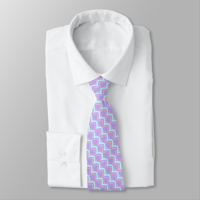 Blue Turquoise Pink Violet Purple Feather Pattern Tie (Tied)