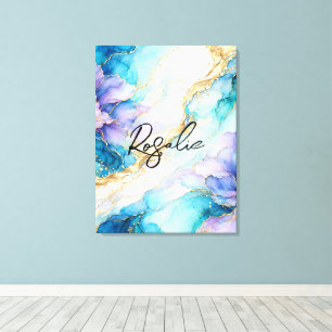 Blue Turquoise Purple Gold Abstract Floral Marble Canvas Print