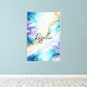 Blue Turquoise Purple Gold Abstract Floral Marble Canvas Print