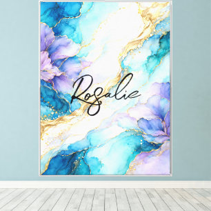 Blue Turquoise Purple Gold Abstract Floral Marble Canvas Print