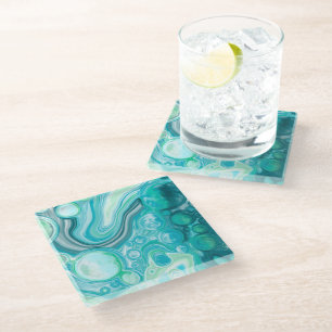 Blue, Turquoise Sea Waves and Bubbles Glass Coaster