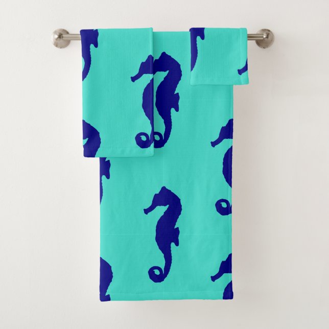 Blue Turquoise Seahorse Coastal Pattern Bath Towel Set (Insitu)