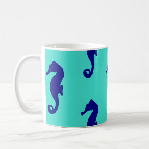 Blue Turquoise Seahorse Coastal Pattern Coffee Mug