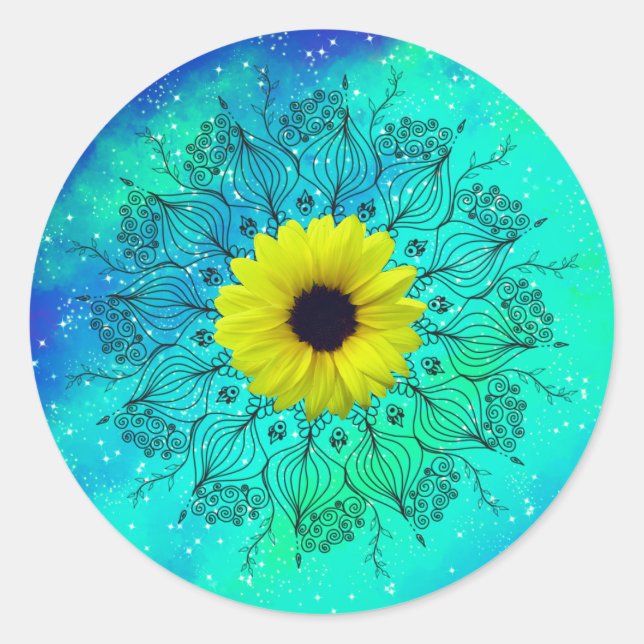 Blue turquoise starry galaxy mandala and sunflower classic round sticker (Front)