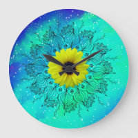 Blue turquoise starry galaxy mandala and sunflower
