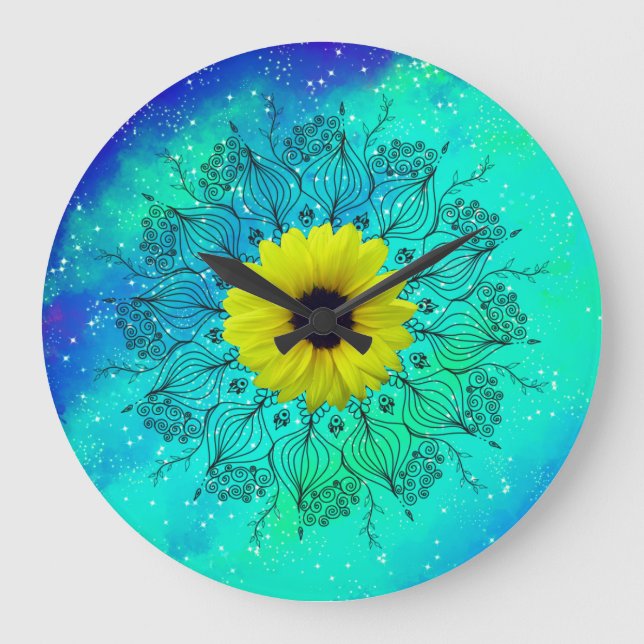 Blue turquoise starry galaxy mandala and sunflower large clock (Front)