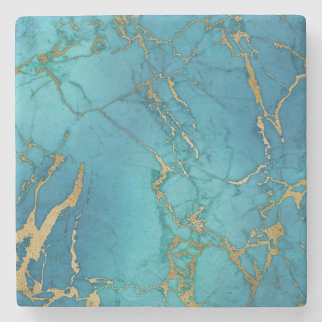 Blue Turquoise Stone Coaster Marble Gold Metallic (Front)