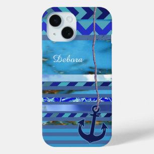 blue turquoise Stripes, Anchor and Name iPhone 15 Case