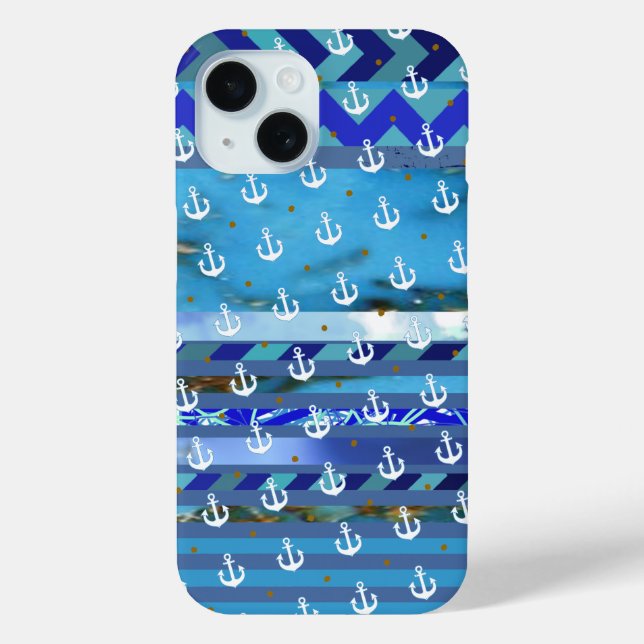 blue turquoise stripes & anchor pattern Case-Mate iPhone case (Back)