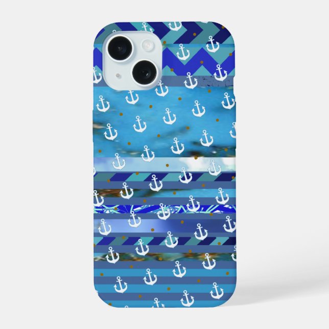 blue turquoise stripes & anchor pattern iPhone 15 case (Back)