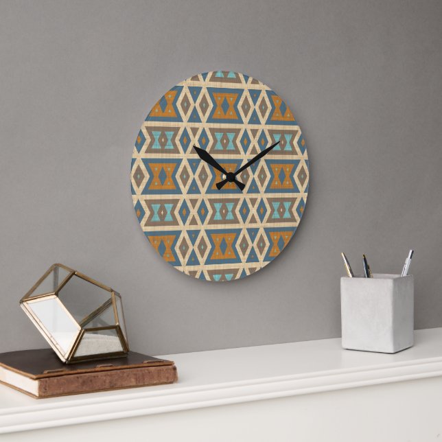 Blue Turquoise Teal Orange Tan Brown Tribal Art Large Clock (Office)