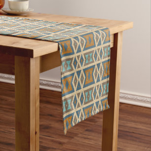Blue Turquoise Teal Orange Tan Brown Tribal Art Short Table Runner