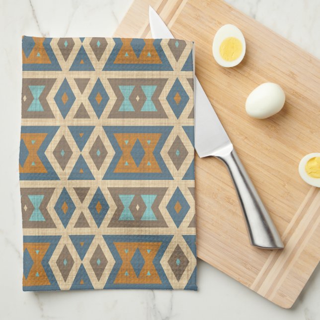 Blue Turquoise Teal Orange Tan Brown Tribal Art Tea Towel (Quarter Fold)