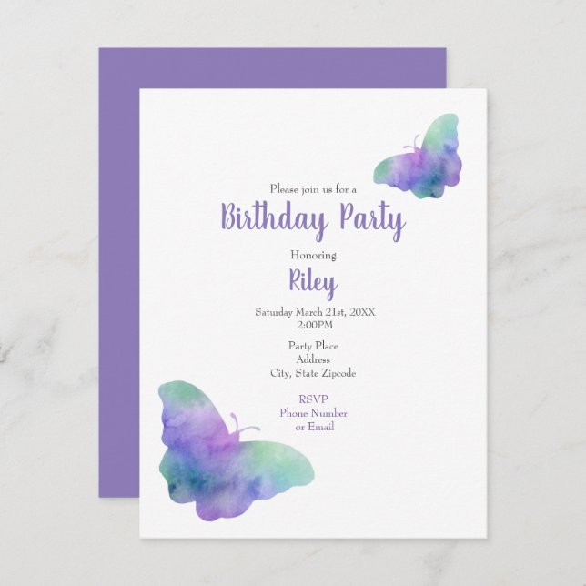 Blue Turquoise Violet Watercolor Butterflies  Invitation (Front/Back)