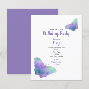 Blue Turquoise Violet Watercolor Butterflies  Invitation