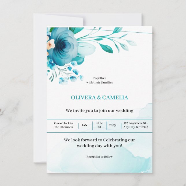 Blue Turquoise Watercolor Floral Wedding Invitation (Front)