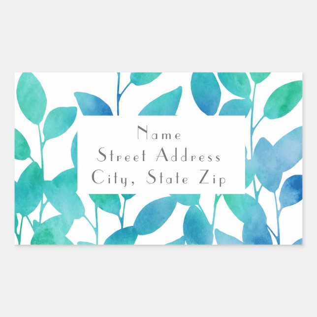  Blue Turquoise Watercolor Leaves Labels (Front)