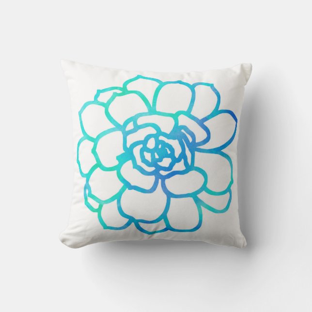 Blue Turquoise Watercolor Succulent Cushion (Front)