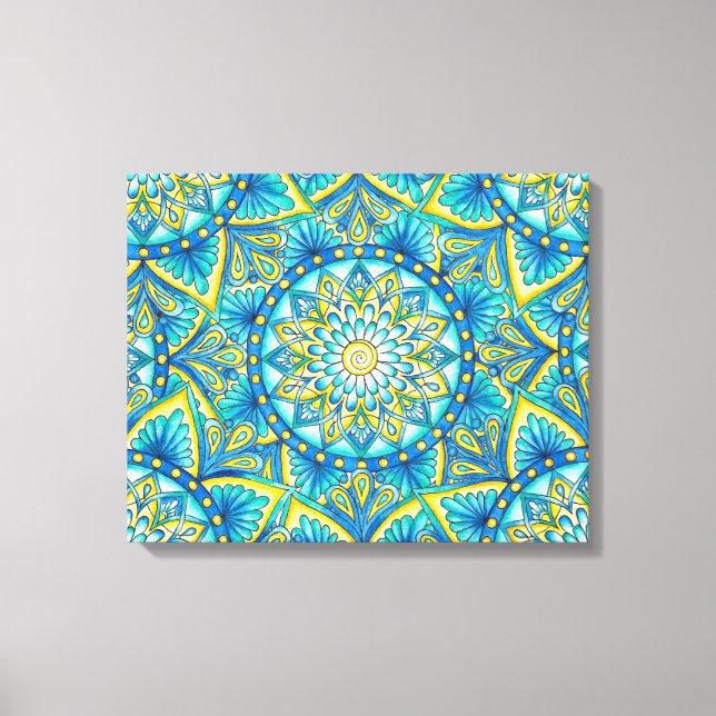 Blue Turquoise Yellow Mandala Pattern Canvas Print (Front)