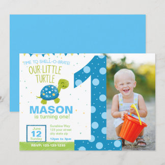 Blue Turtle First Birthday Party Invitation