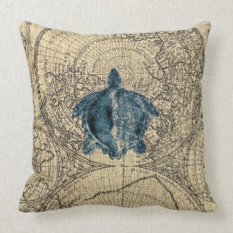 Blue Turtle Illustration Map Coastal Honey Colour Cushion