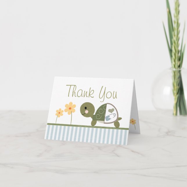 BLUE Turtle in Diapers Baby Shower Thank You Note (Front)