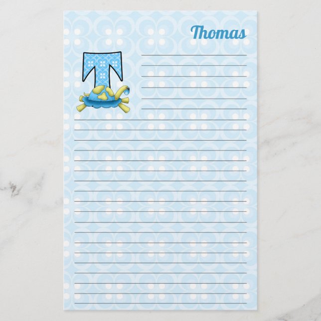 Blue Turtle Mongram Letter T with Name Lined Stationery (Front)