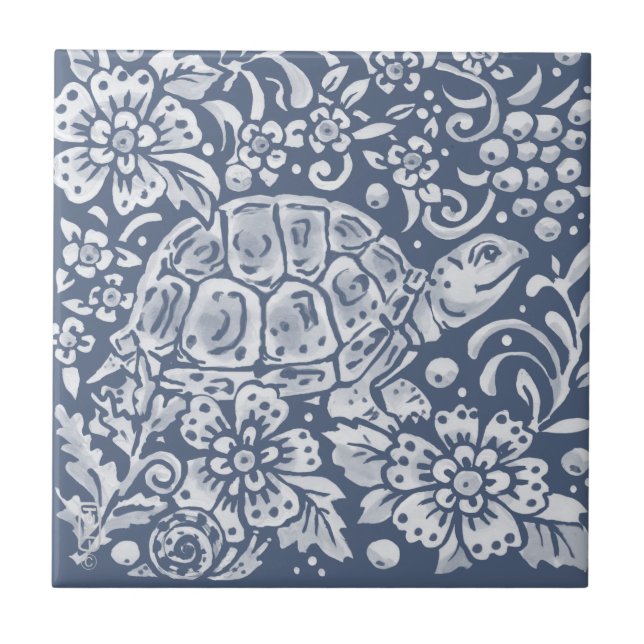 Blue Turtle Snail Floral Woodland Garden Animal  Tile (Front)