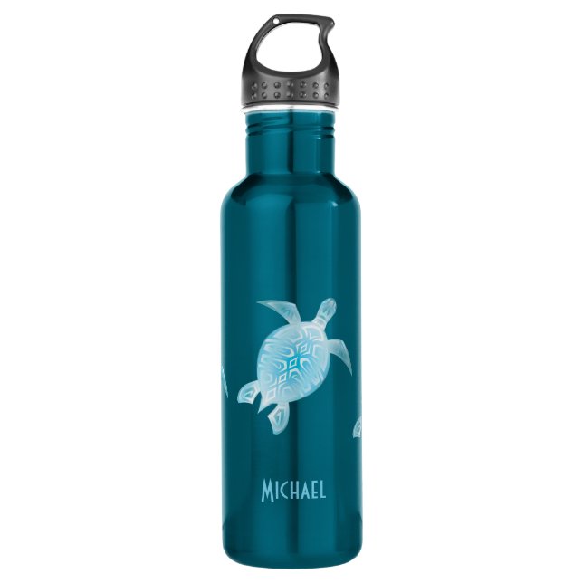 Blue Turtle Tribal Monogram Coastal Water Bottle (Front)