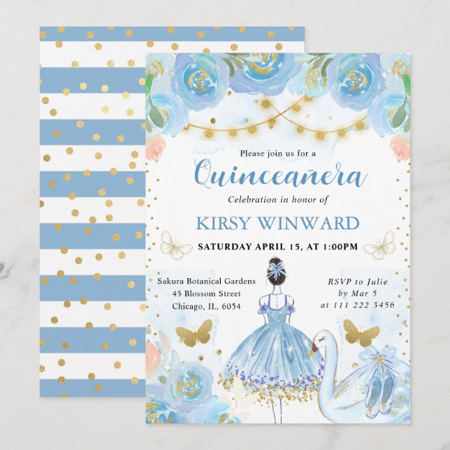 Blue Tutu Black Hair Ballerina Quinceanera Invitation (Front/Back)