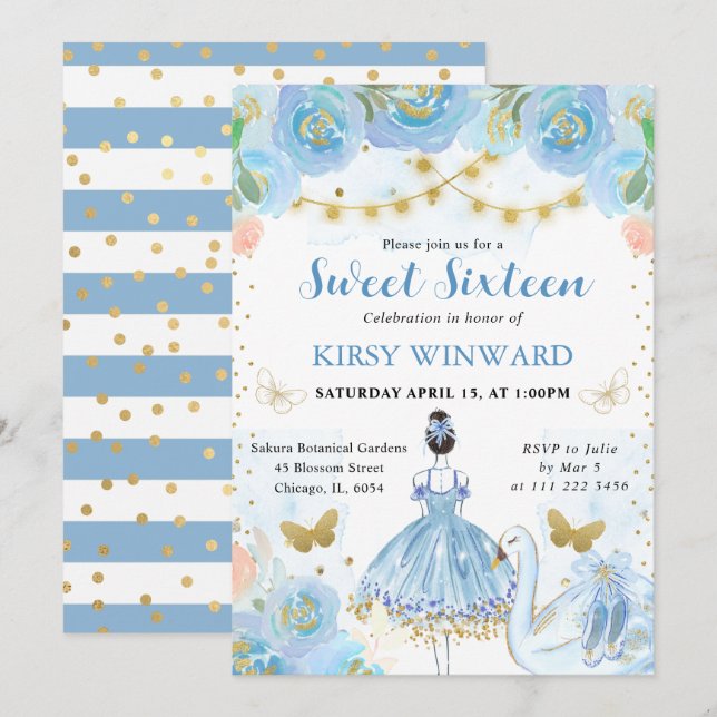 Blue Tutu Black Hair Ballerina Sweet 16 Invitation (Front/Back)